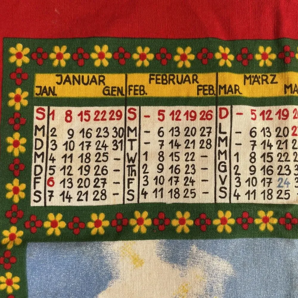 VTG 1978 Linen Tea Towel Calendar Wall Hanging Mountains Chapel Homes 15”x22”